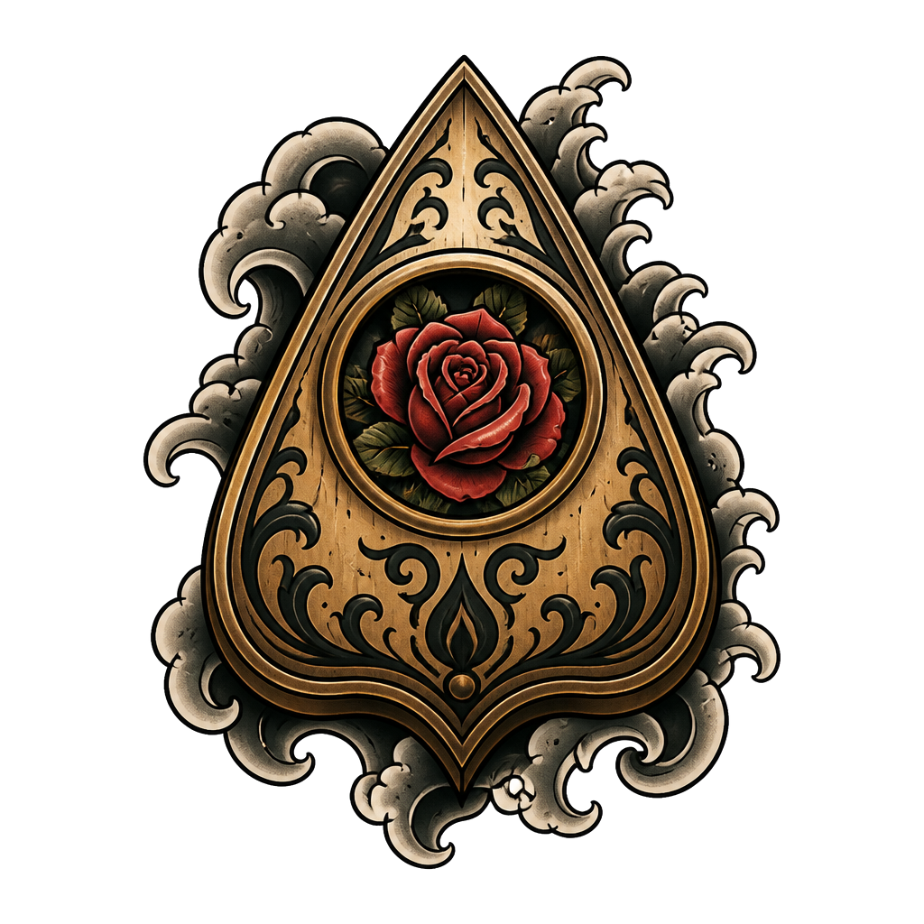 A ouija planchette with a rose showing through the window