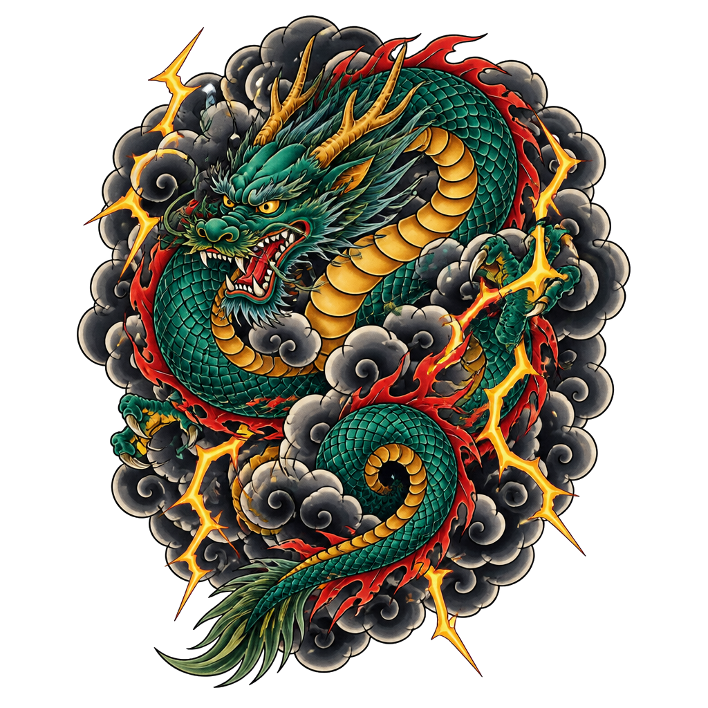 A dragon coiled around a thunderhead