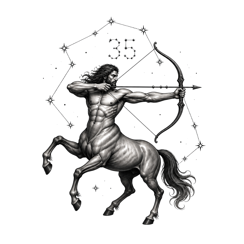 A centaur archer drawing a bow, with three subtle notches along the arrow shaft and a small “35” woven into the constellation behind it.