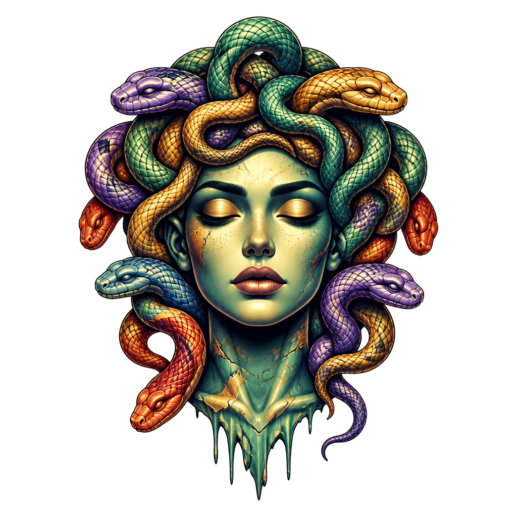 Medusa with closed eyes and calm snakes