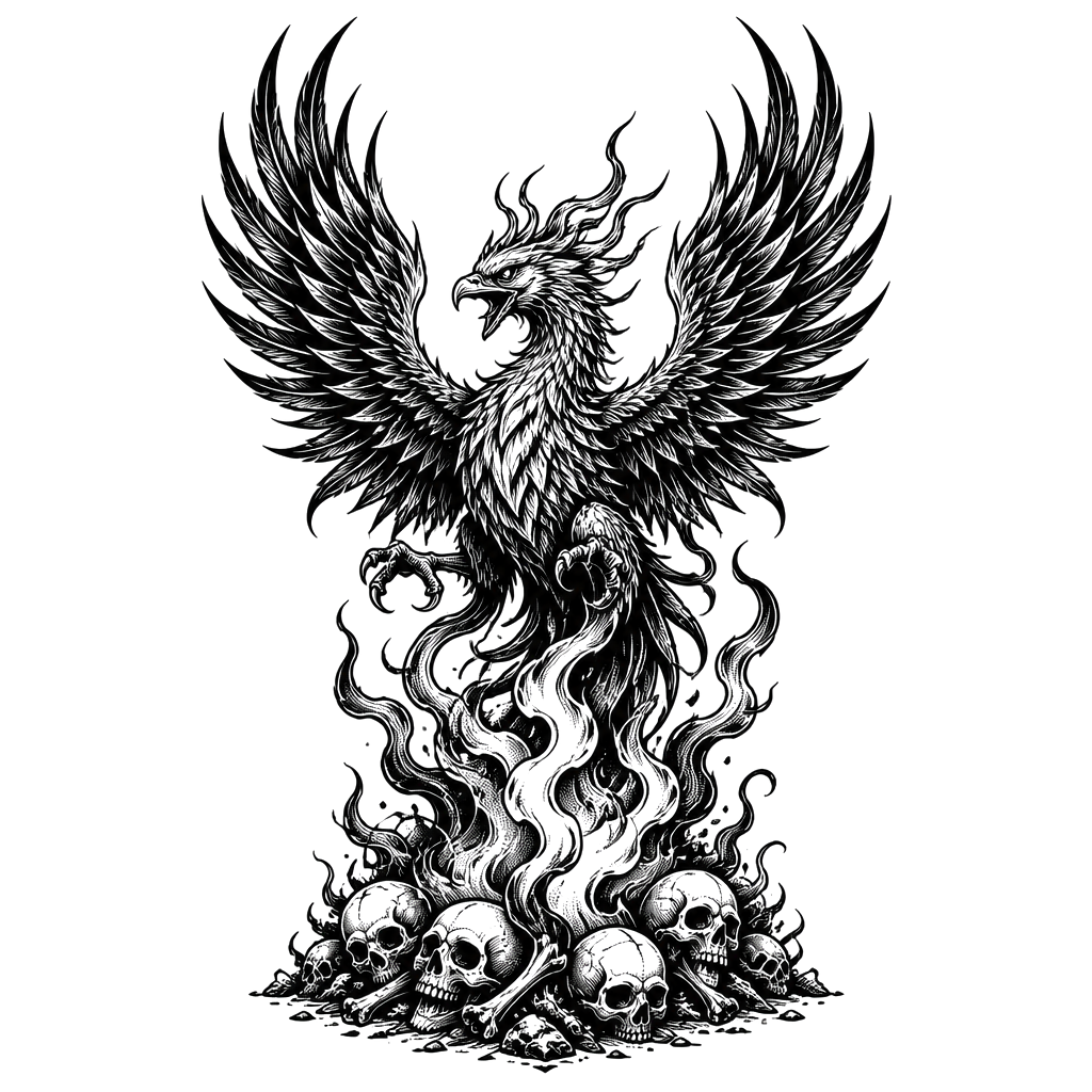 An aggressive looking phoenix rising from a bed of skulls and smoke coming from the ground to the phoenix to show flight