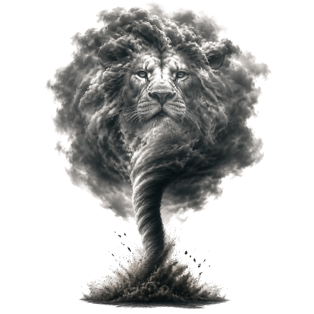 A storm scene that focuses on a tornado being roared out of the clouds and in said clouds there’s a subtle resemblance of a lions head from which the tornado is born