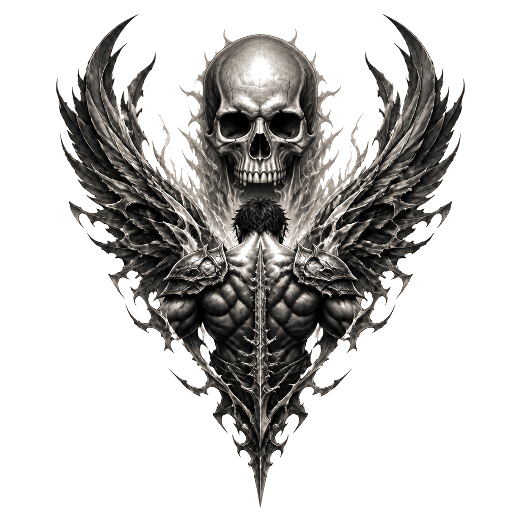 A masculine tattoo which covers upper back and inverts into spine. Tattoo needs to depict strength