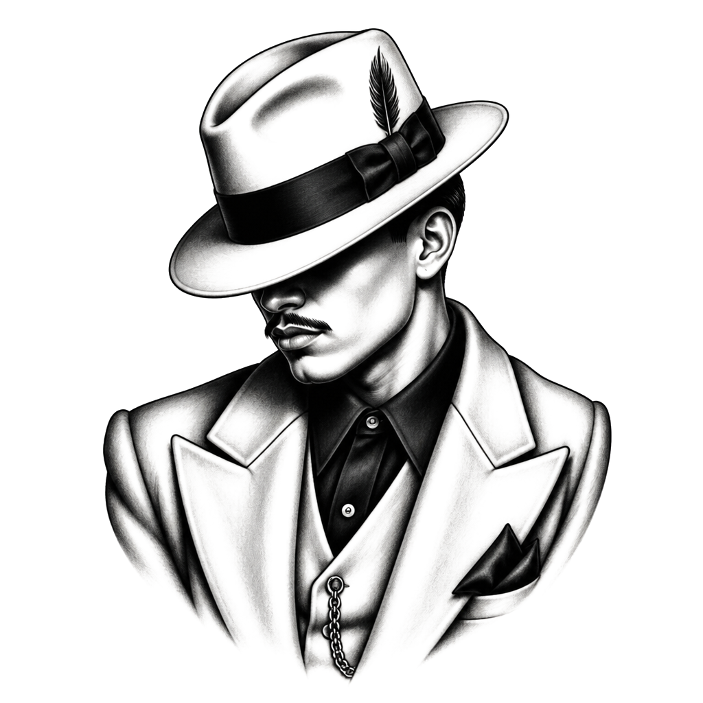 A pachuco portrait with a fedora tilted low