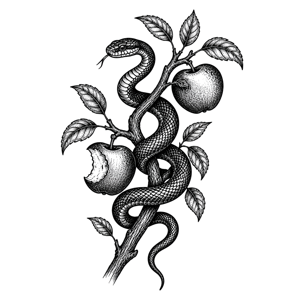 A snake wrapped around an apple branch with one bitten apple