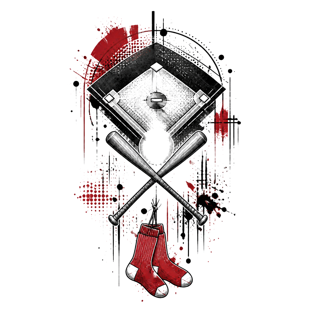 A baseball diamond with two small bats crossed beneath a subtle “G,” September’s birth flower woven around the base, and a Red Sox-inspired pair of hanging socks.