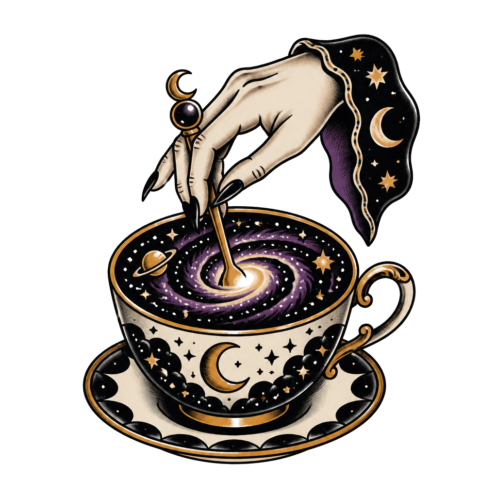 A witch's hand stirring a galaxy in a teacup
