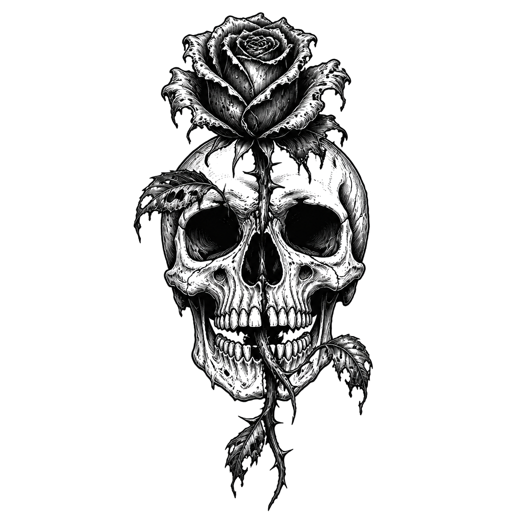A rotting rose growing through a skull's teeth