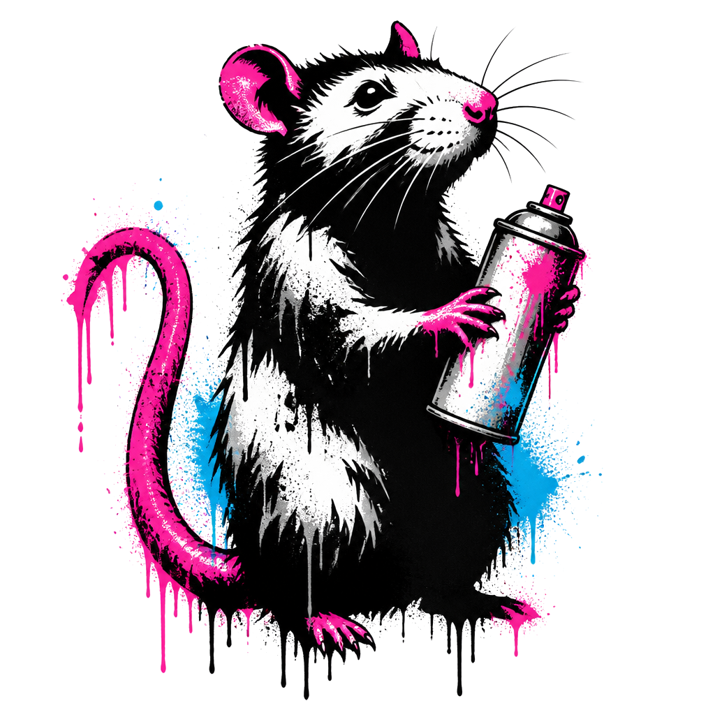 A dripping stencil rat holding a spray can