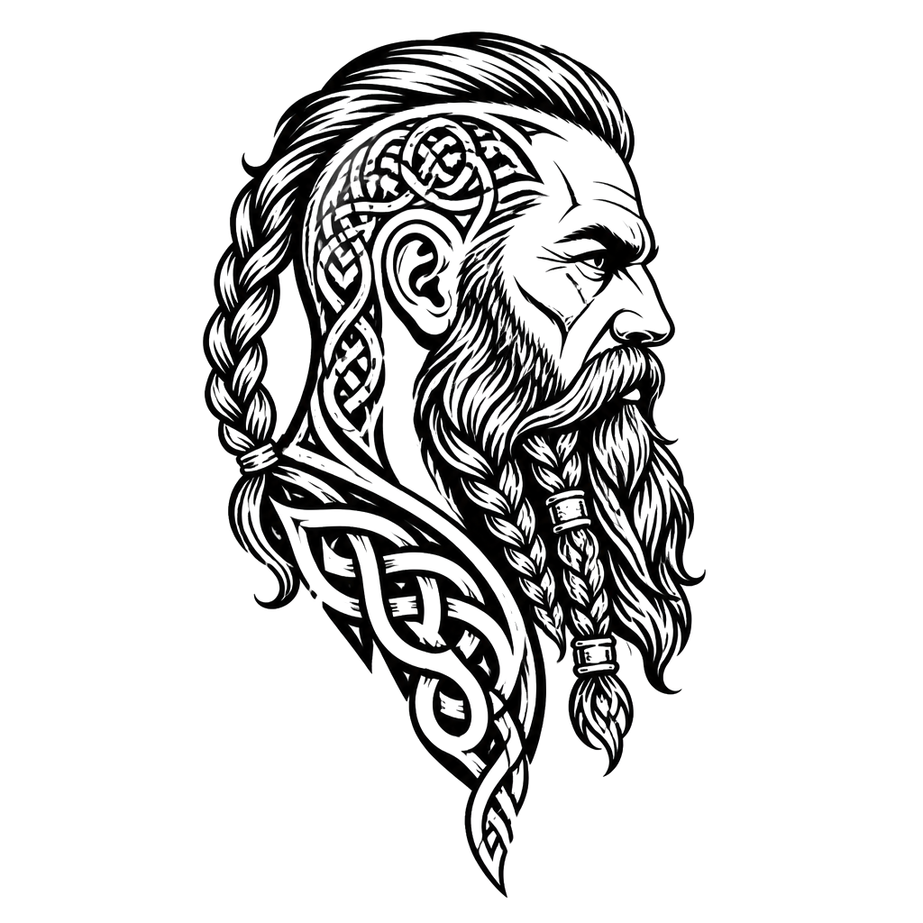 A Viking warrior's profile with a braided beard