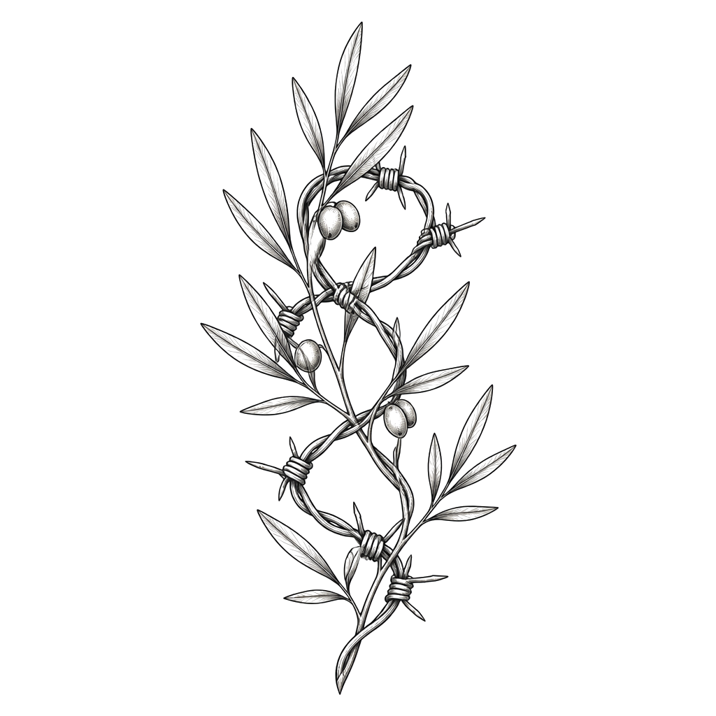 An olive branch braided with barbed wire