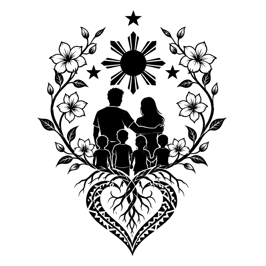 A family beneath a Philippine star, embraced by a sampaguita vine whose tribal-patterned roots form a heart and symbolize enduring strength.