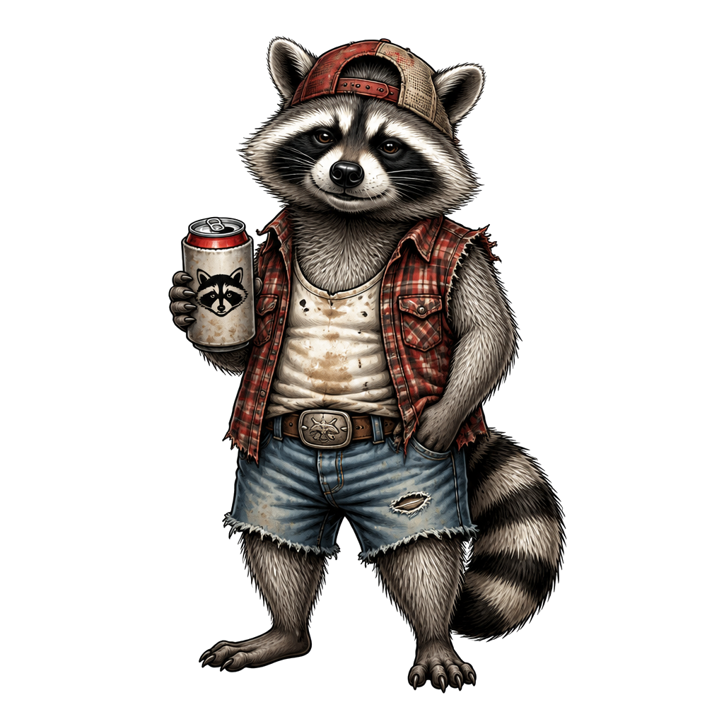 A raccoon dressed as a redneck holding a beer can. The beer can says trash panda drew