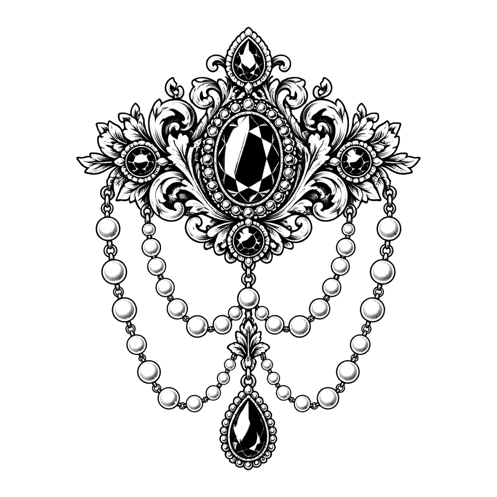 A jeweled brooch with dangling pearl strands