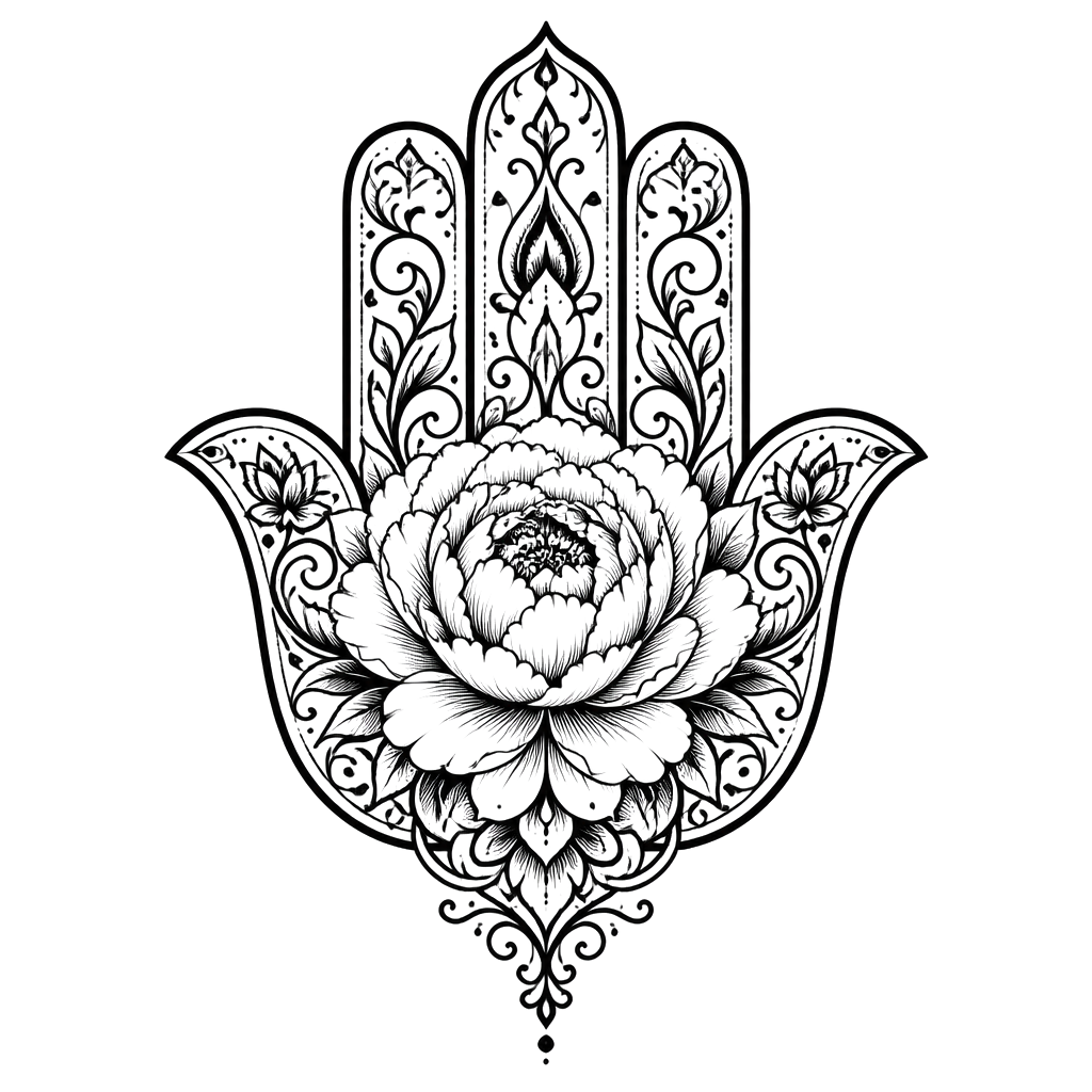 An ornate hamsa with a peony blooming in its palm