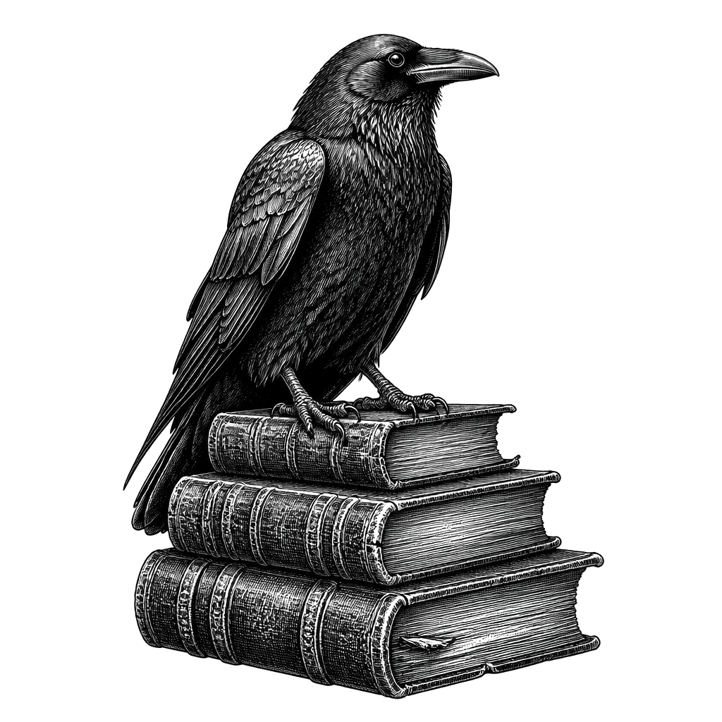 A raven perched on a stack of old leather books