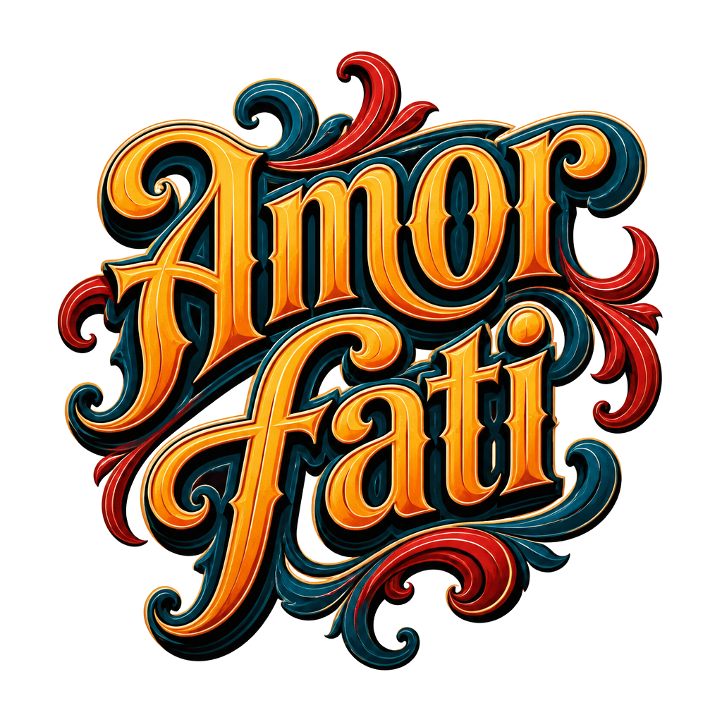 The words "amor fati" in vintage sign-painter letters