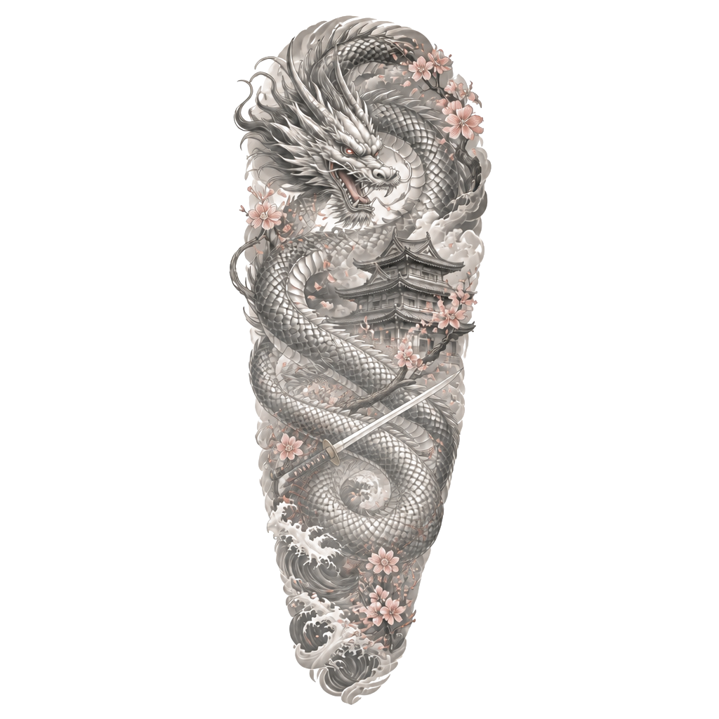 A sleeve tattoo for a man. A Japanese dragon, a warrior, a Japanese building, and some cherry blossoms with a little bit of colour