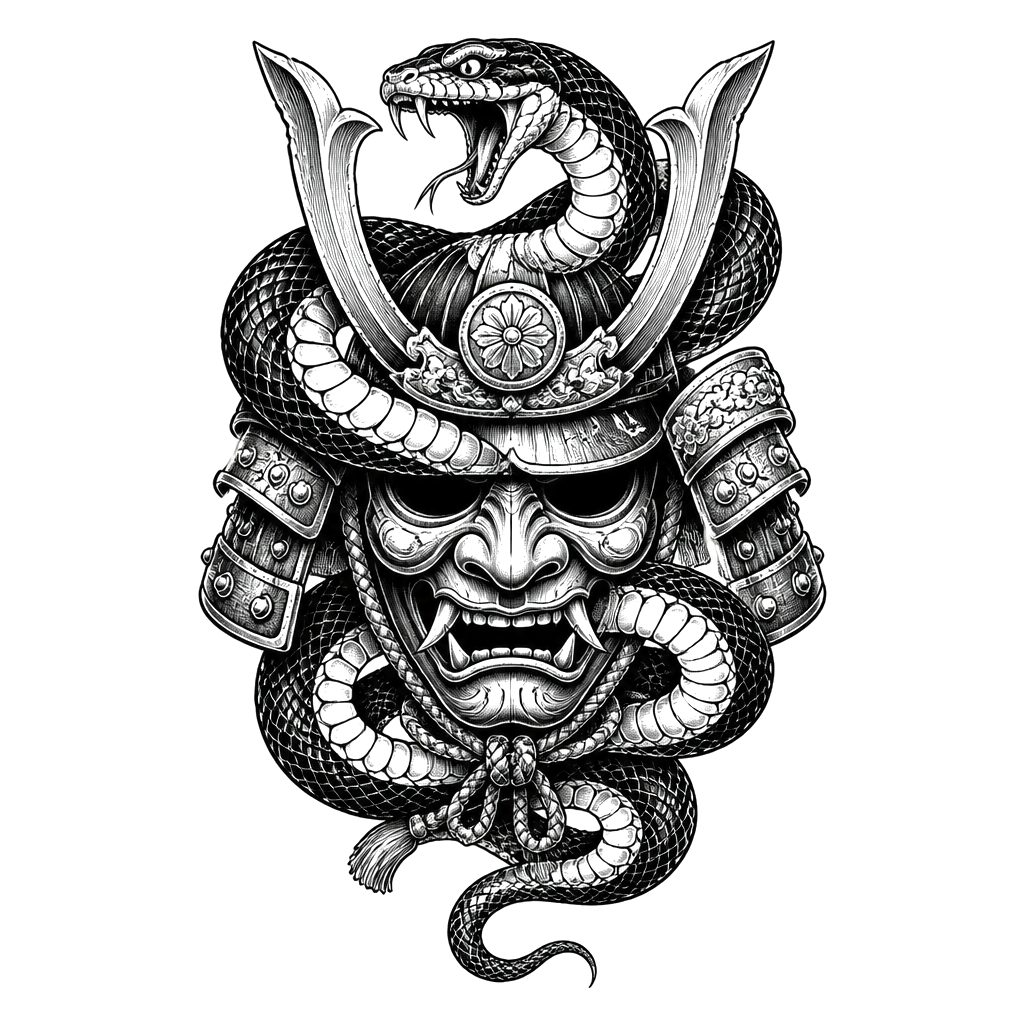 A samurai face mask wrapped by a coiling snake
