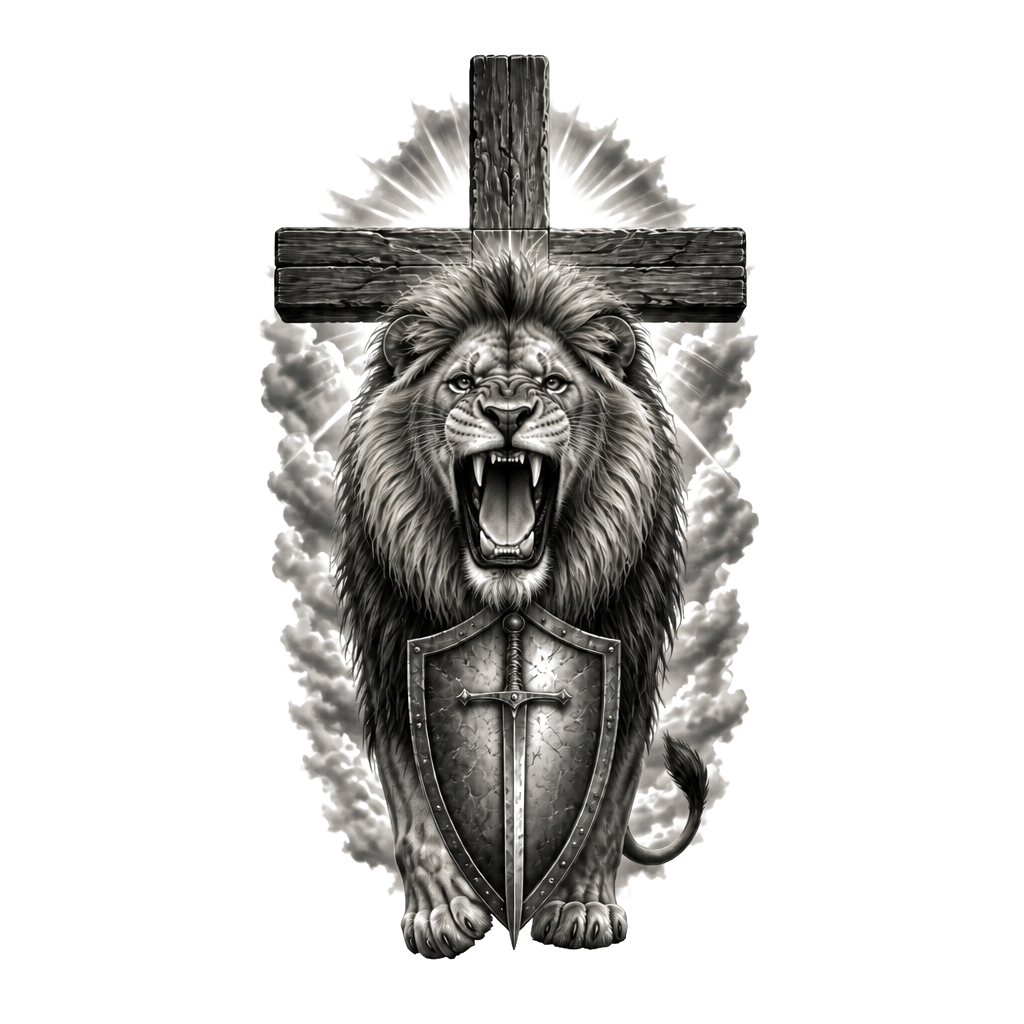 A lion with cross with Isaiah 54:17