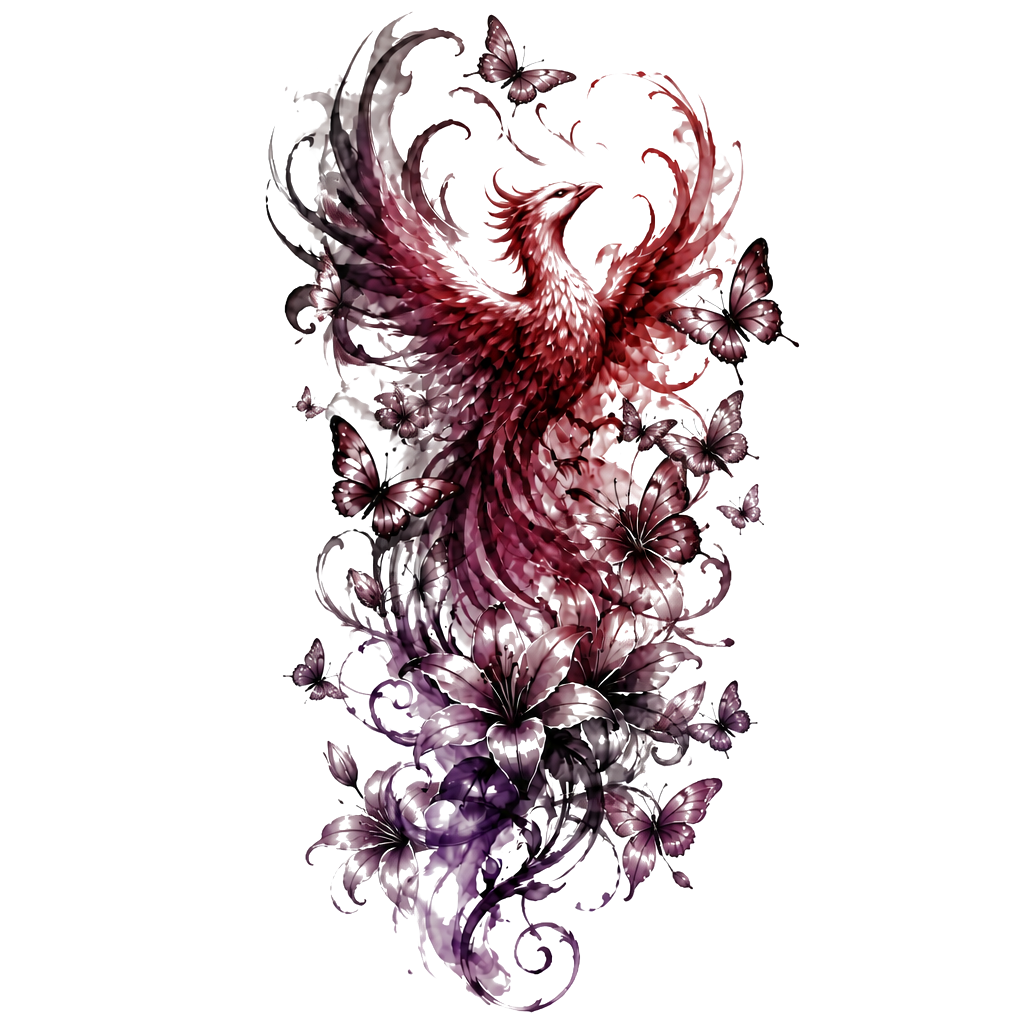 Dark elegant shoulder tattoo: add a large ink-smoke phoenix in black & smoky gray. Smoke-style butterflies + delicate smoky lilies/vines integrated throughout. Flowing organic wrap-around design on shoulder/upper arm. Mood: mysterious, powerful, shadowy, ethereal—dark vibes only, monochrome ink wash aesthetic.i like blue and red and purple idk
