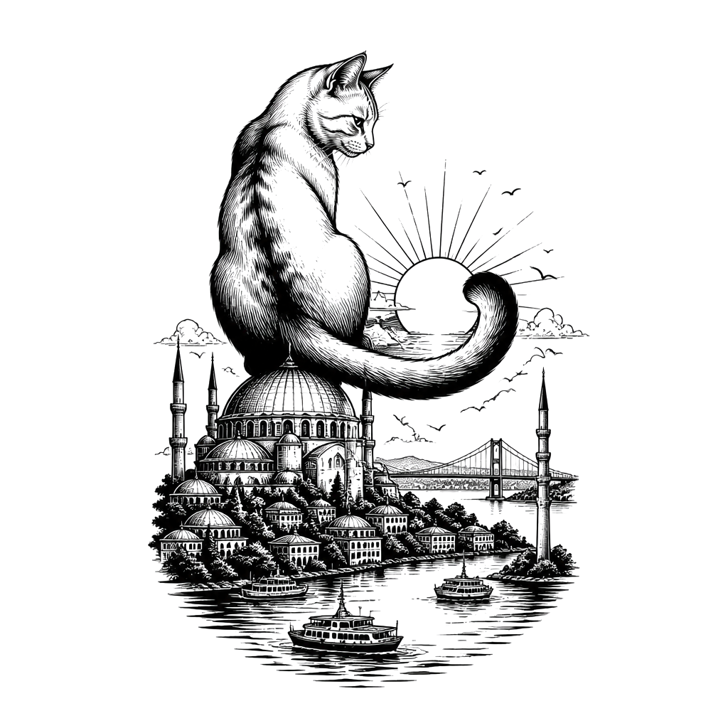 A cat perched on Istanbul’s skyline, its curling tail cradling a rising sun above the Bosphorus.