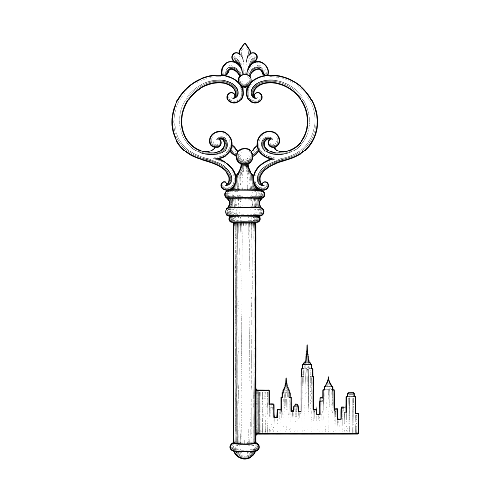 An old key with teeth shaped like a city skyline