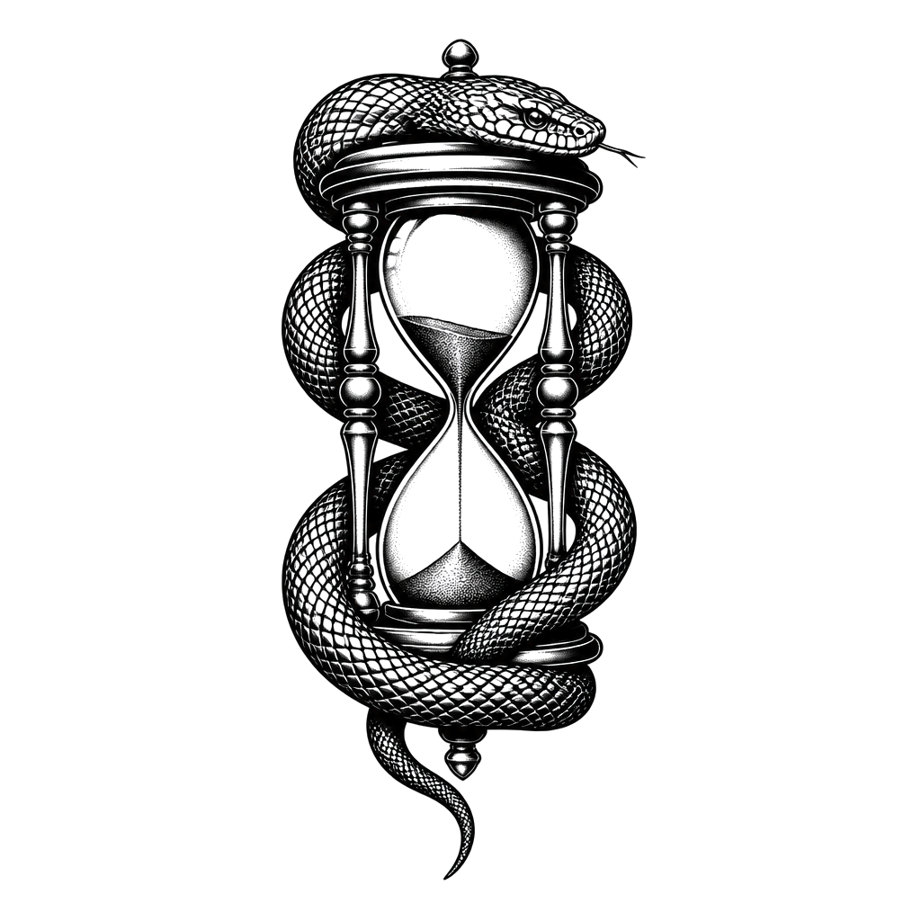 A snake wrapped around an hourglass with the sand running out