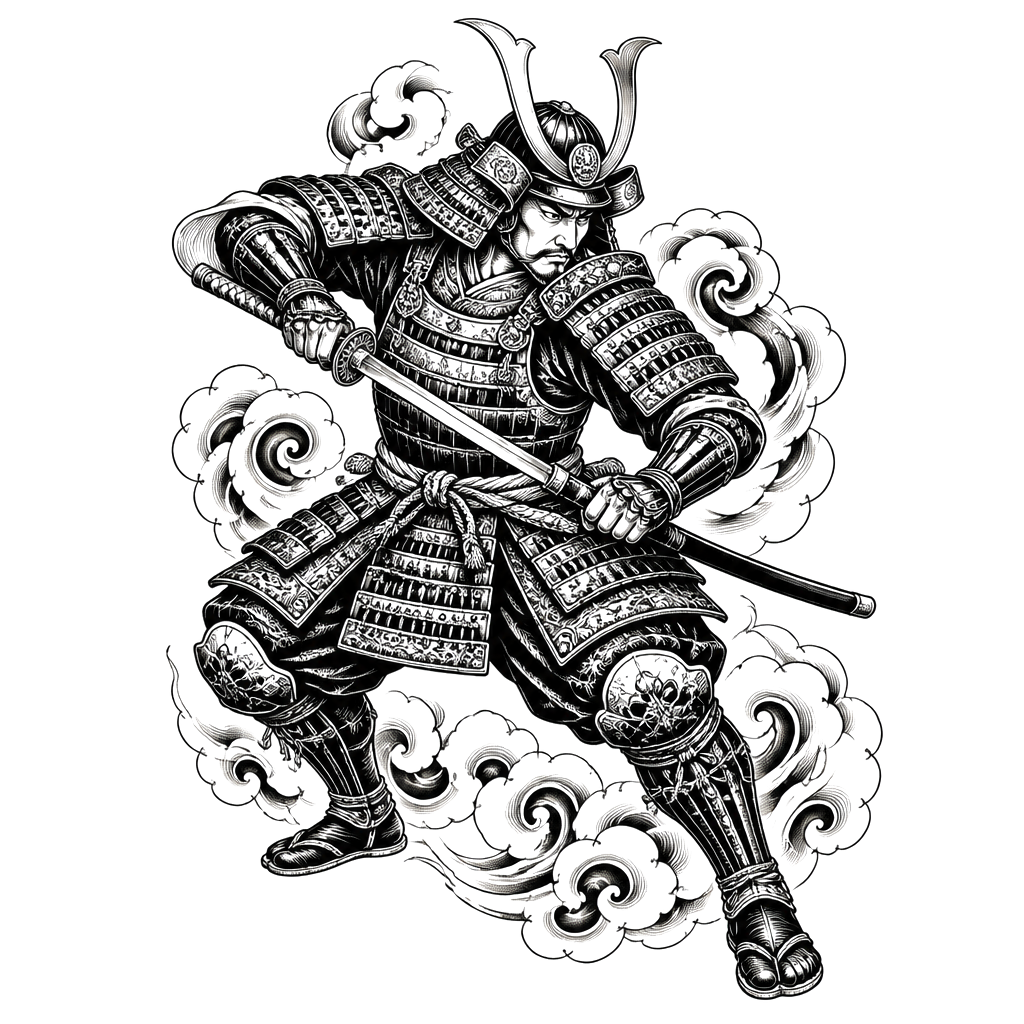 A samurai in full armor drawing his blade