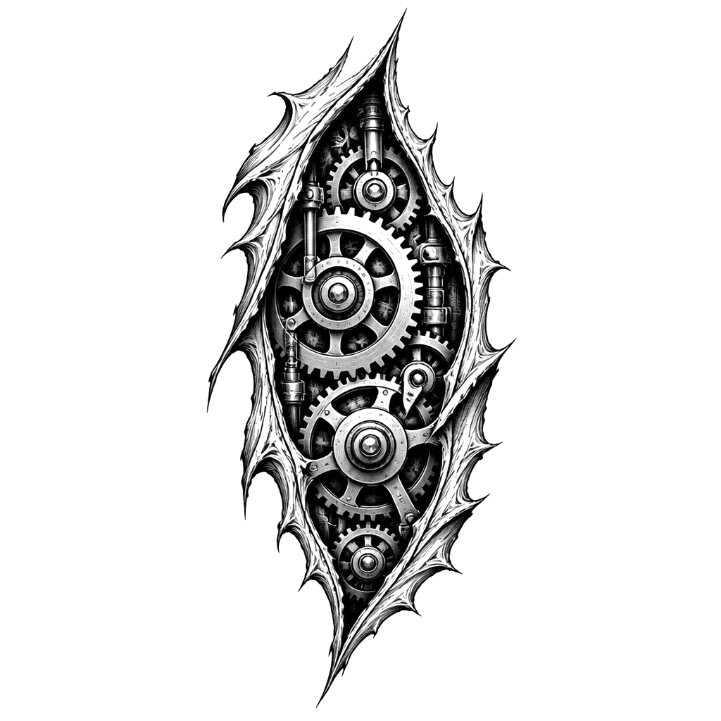 Gears turning inside a torn flesh window