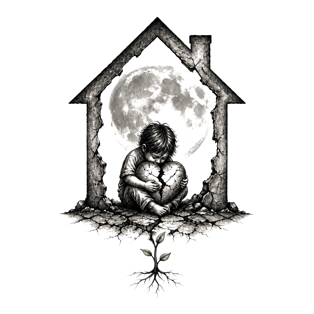 A small child sheltering a cracked heart beneath an oversized, empty house silhouette, with one resilient sprout growing through the ground below.
