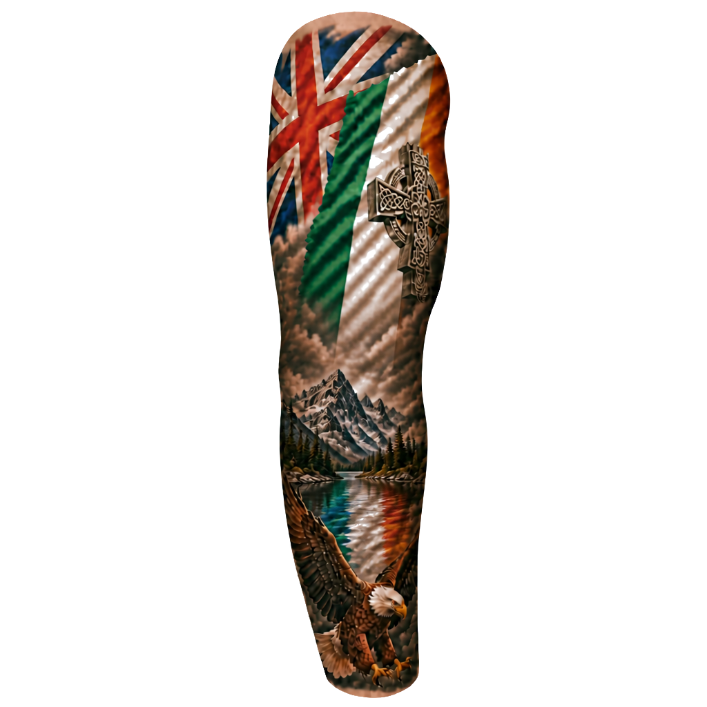 English and Irish tattoo with meaning that also is America. Create it in a full sleeve also include a female lion.