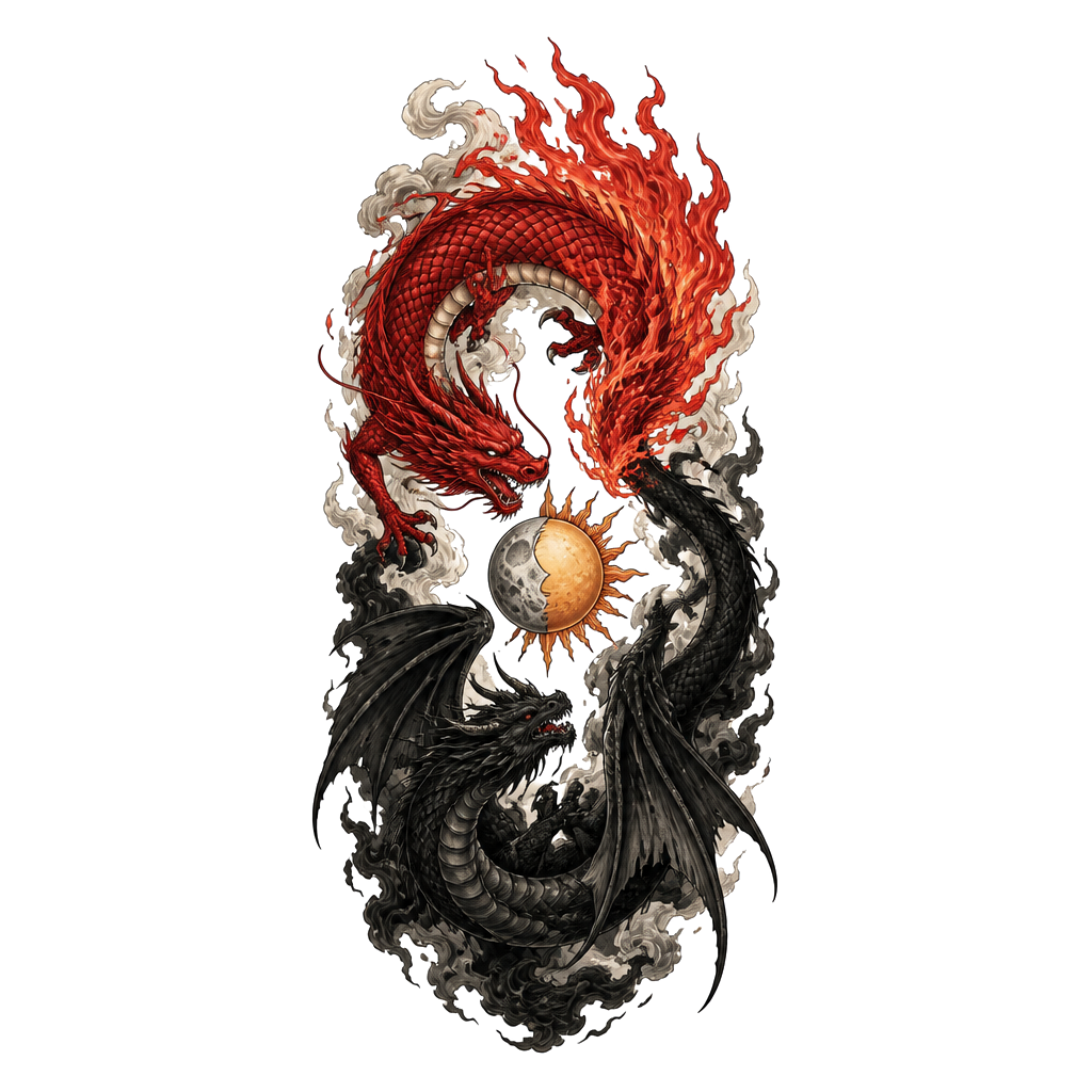 Un dragon rouge avec la queue en flamme et un dragon noir avec des ailes et plus sombre, placé à l’envers comme le ying et le yang, avec au milieu des deux dragons une lune et un soleil. Je veux qu’il soit en long et que leurs têtes soit face à face