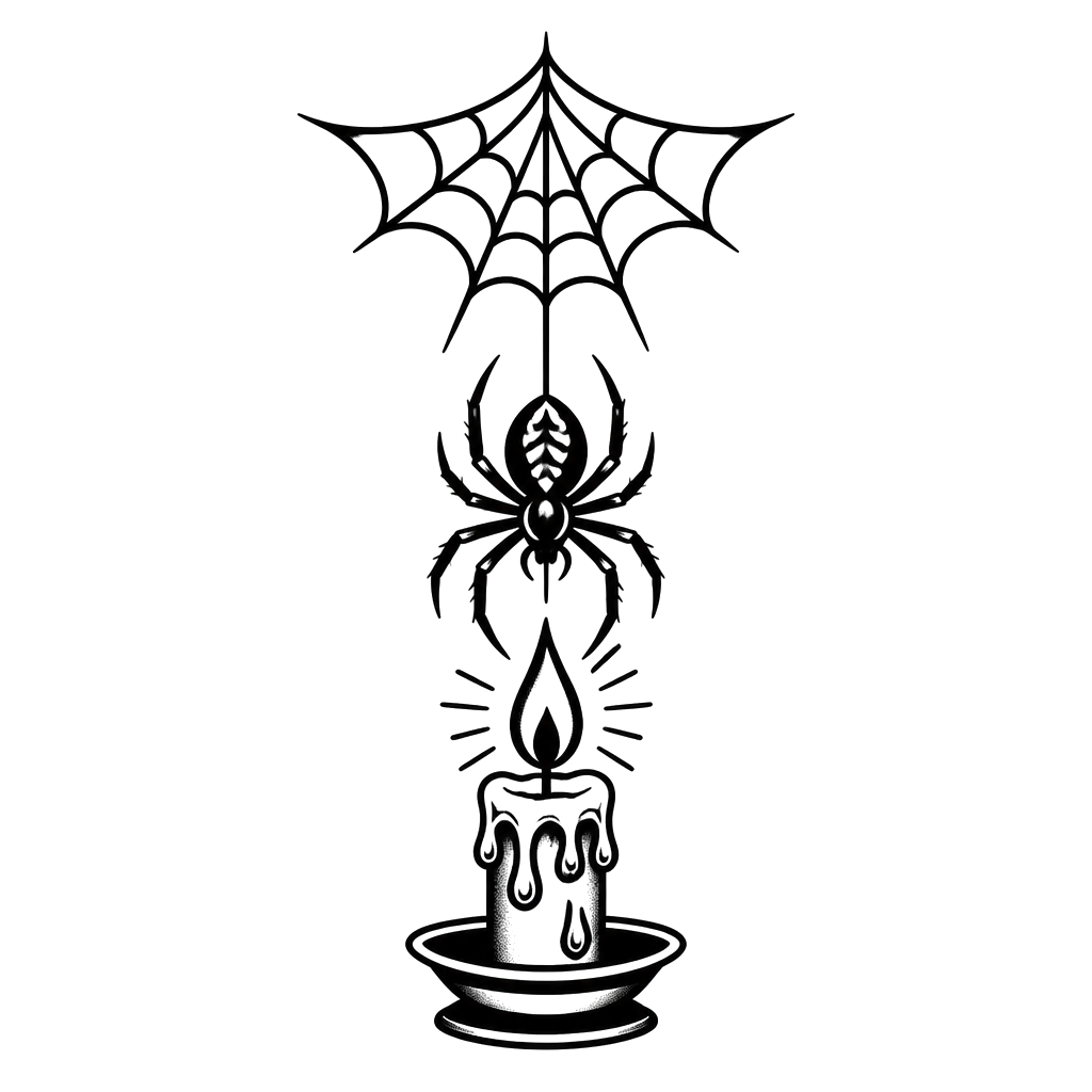 A spider hanging from its web over a lit candle