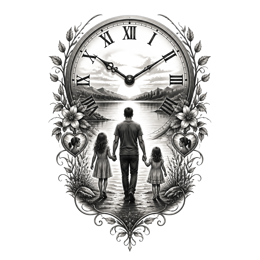 Lake background with a dad and two little girls walking towards it holding hands. One girl taller than the other. A clock with Roman numerals and the little girls names Addi and Avery somewhere in it.