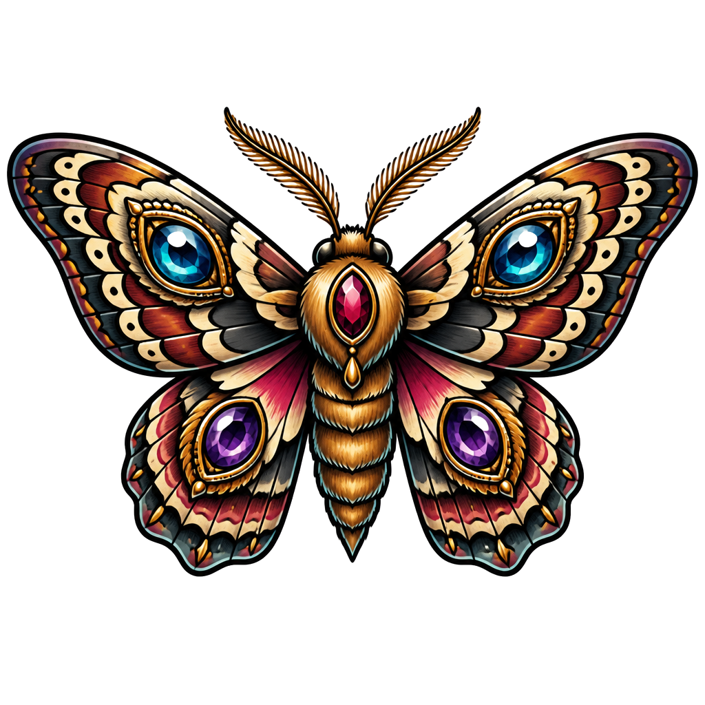 A moth with jeweled eyes set in its wings