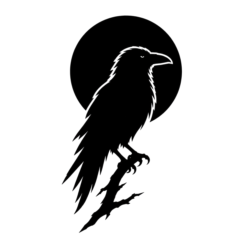 A raven silhouette against a solid black sun