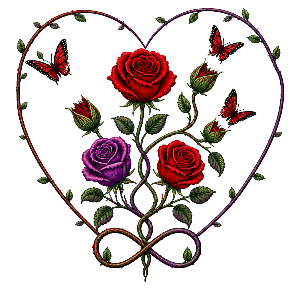 1 rote Rose, 1 geschlossene Rose wo ein Schmetterling entsteht,2 geschlossene Rosen an einen Strang wo aus den geschlossenen Rosen Schmetterlinge entstehen, 1 lila Rose und 1 rote Rose. Alles zusammen mit den Namen Fabian und Dèsirèe verbunden