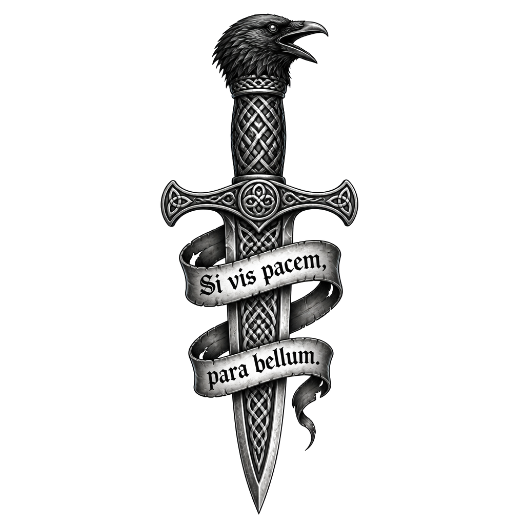 Celtic dagger with crow head and lettering Si vis pacem, para bellum