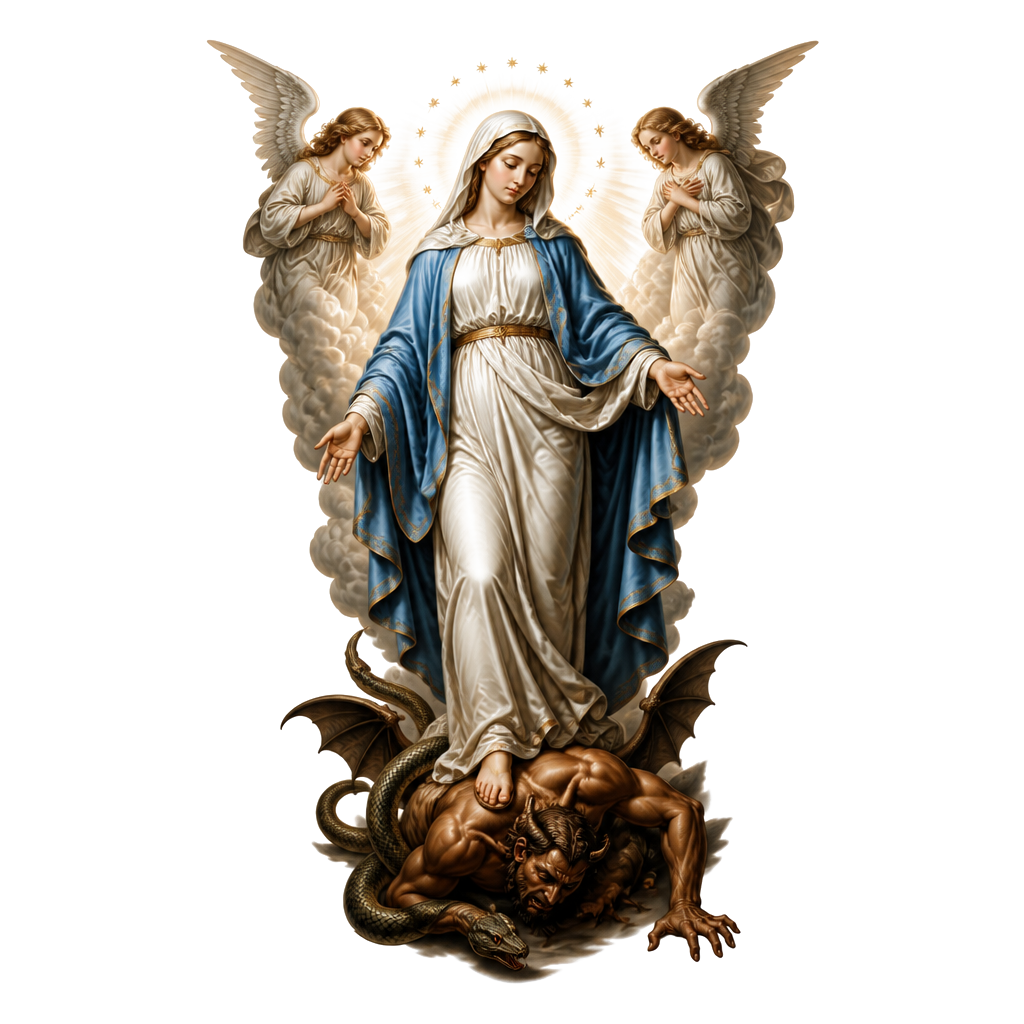 Real Bible picture of the Virgin Mary. Standing on b the devil. With angels watching over her