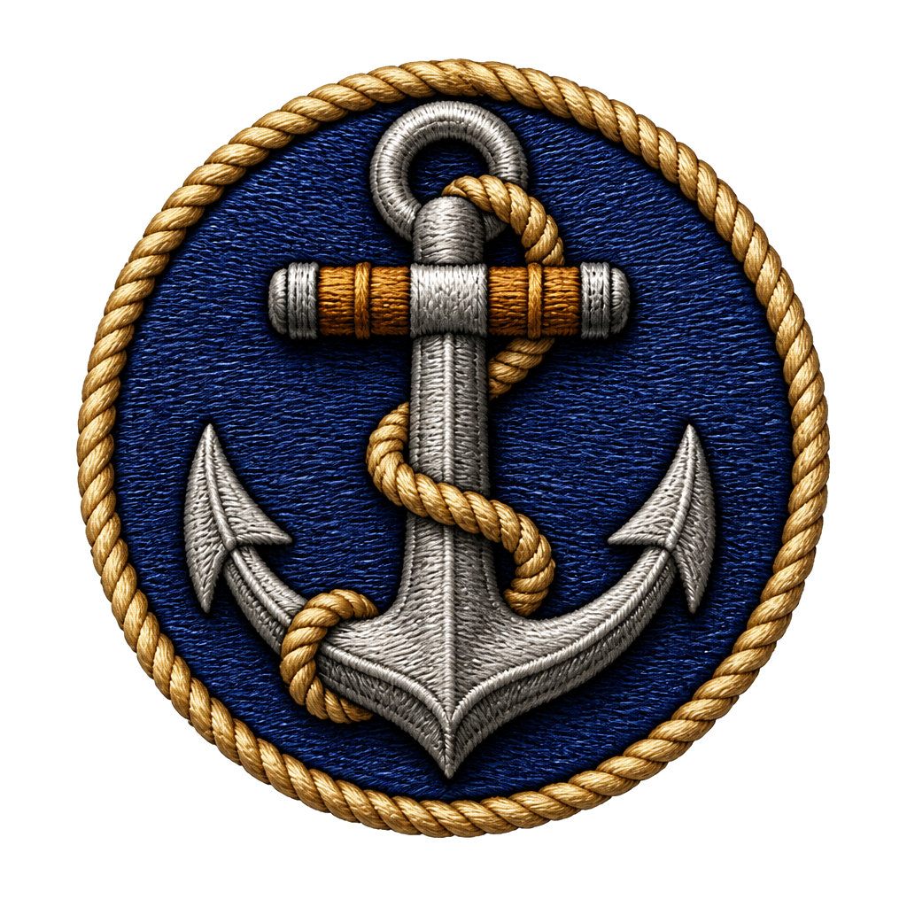 A ship's anchor sewn onto a round patch