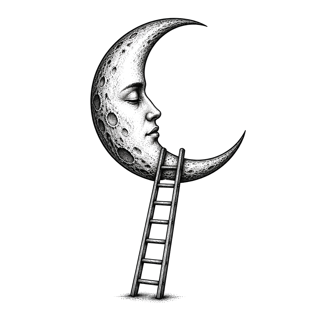 A ladder leaning against the crescent moon