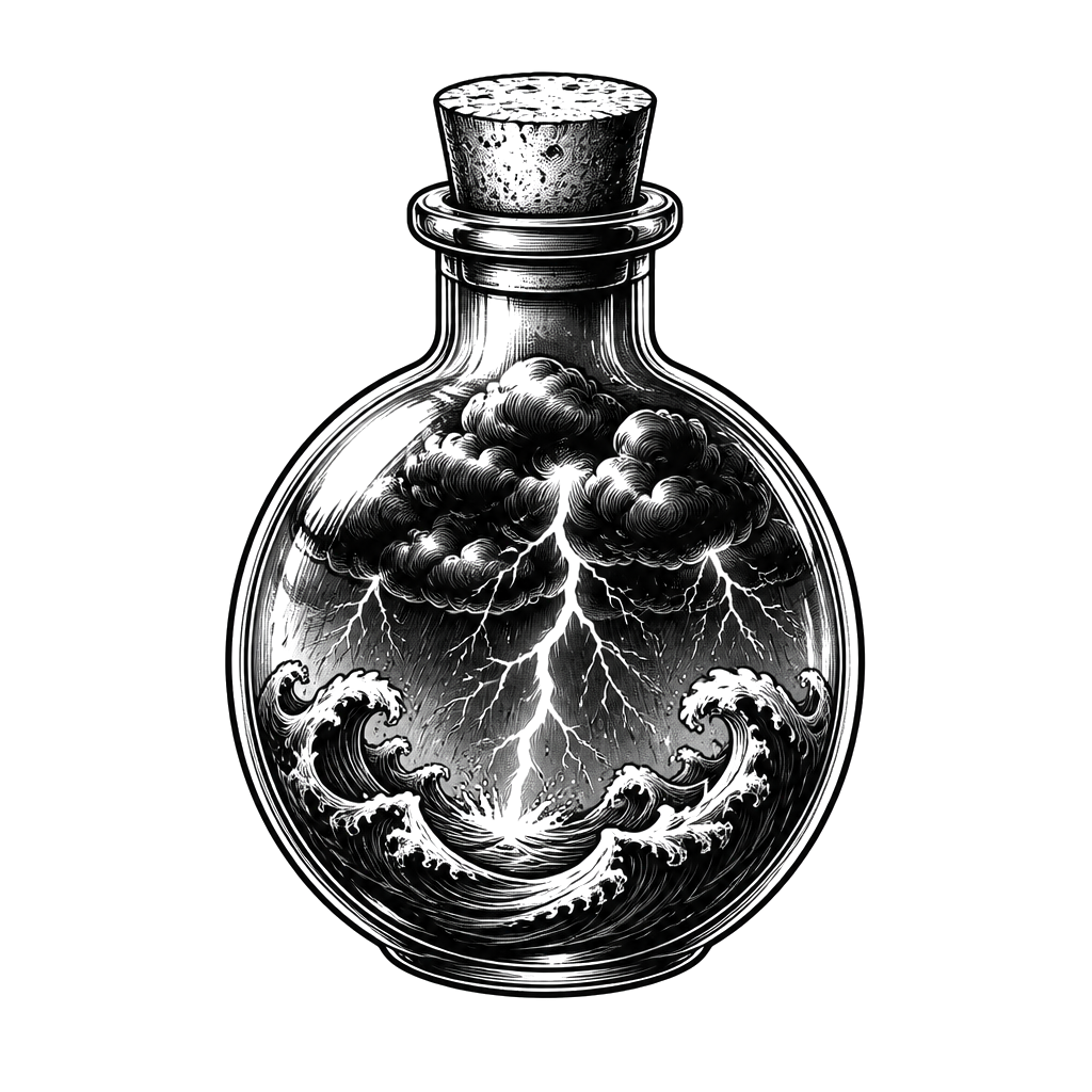 A corked potion bottle with a tiny storm inside