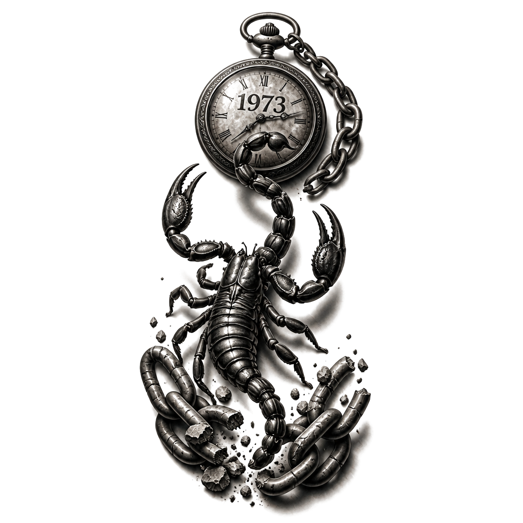 A scorpion climbing from broken prison chains toward a grandfather’s pocket watch marked 1973, casting deep shadows beneath the inscription “O que é certo é certo.”