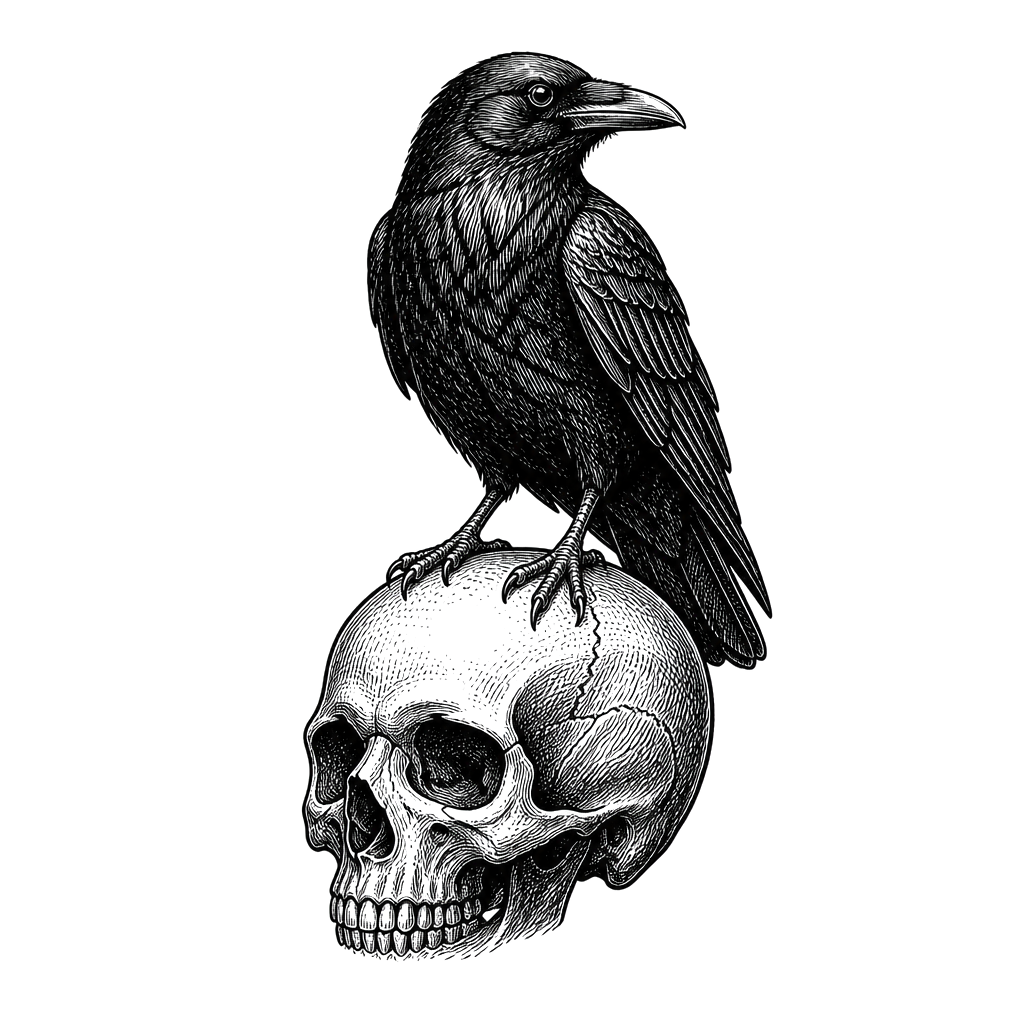 A crow perched on a crosshatched skull