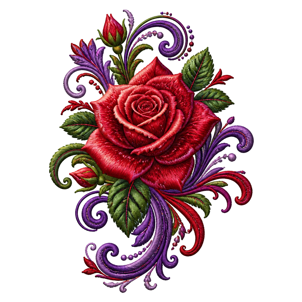 A large rose, with beautiful purple, green and red designs on my right slide of my back, and any other colors that you think will look good