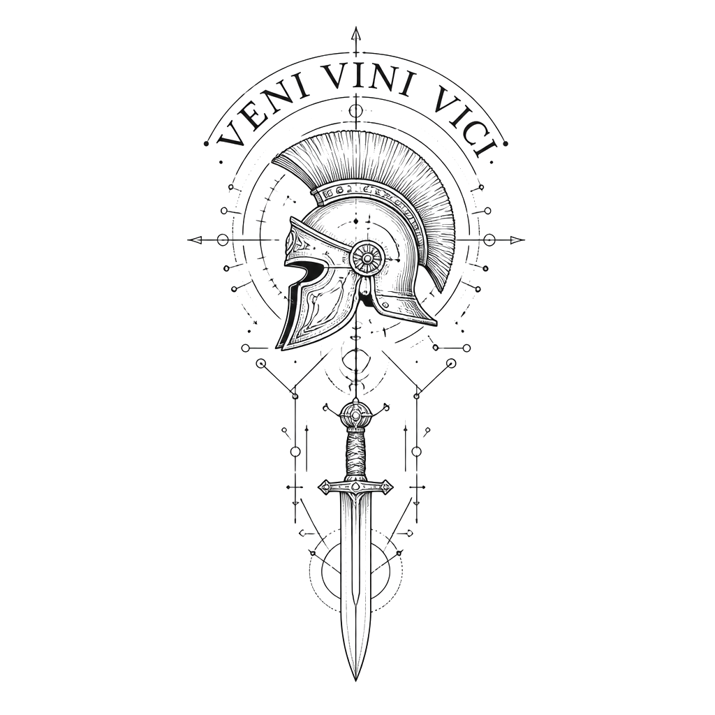 “Veni vini vici” in Roman lettering and over a Roman helmet with a Roman sword underneath