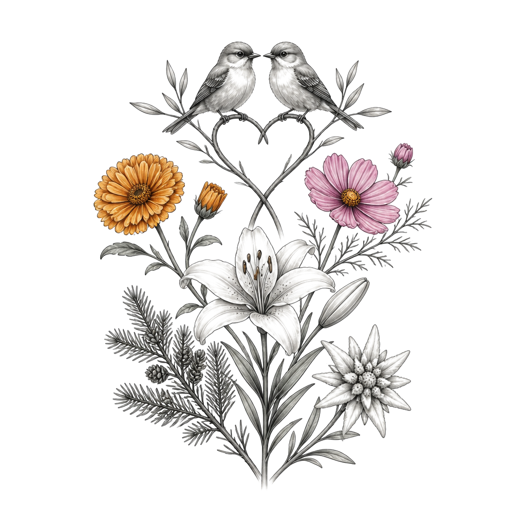 Ich brauche bitte ein Erinnerungs tattoo für meine Mutter. 
Geburtsblume: Ringelblume und die Cosmea (auch Schmuckkörbchen genannt).
Lieblingsblumen: Lilien, alpenvichte und Edelweiß 
Geburtstag 28.10.1937 
Todestag 7.5.2022
Und bitte zwei verbundene Elemente :zwei kleine Vögel

Ein Anfänger wird das tattoo stechen