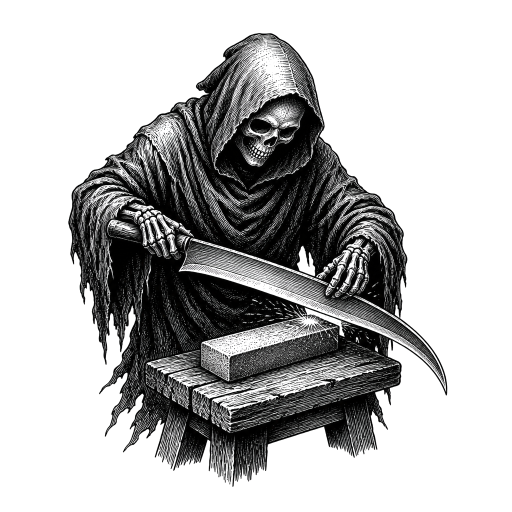 A grim reaper sharpening his scythe on a whetstone