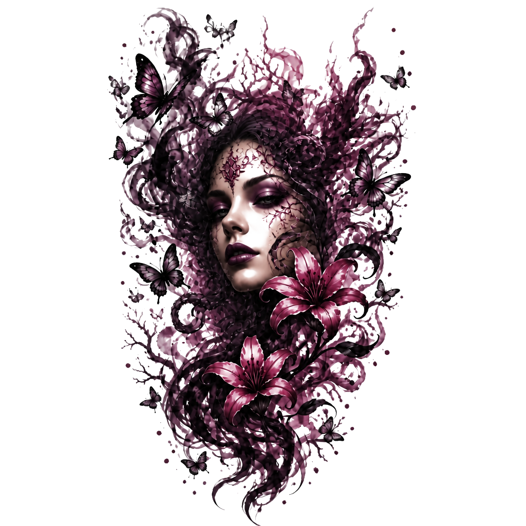 Dark elegant shoulder tattoo: add a large ink-smoke phoenix in black & smoky gray. Smoke-style butterflies + delicate smoky lilies/vines integrated throughout. Flowing organic wrap-around design on shoulder/upper arm. Mood: mysterious, powerful, shadowy, ethereal—dark vibes only, monochrome ink wash aesthetic.i like blue and red and purple idk